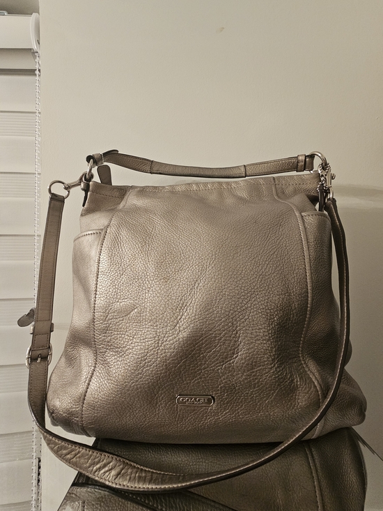 Coach Handbags - Coach Metallic Taupe Leather Shoulder Bag